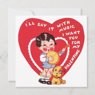 Tarjeta Festiva Día de San Valentín Retro, Música de Niño Antiguo 