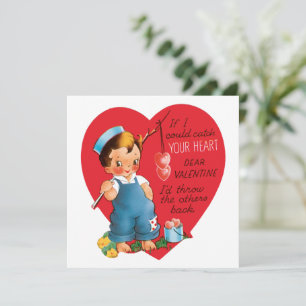 Tarjeta Festiva Día de San Valentín Retro, Niño Antiguo Pescando C