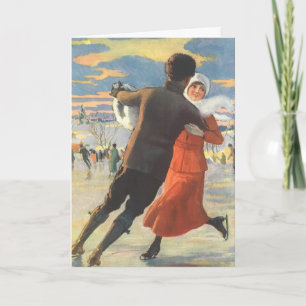 Tarjeta Festiva Día de San Valentín Retro, Pareja Patinando sobre