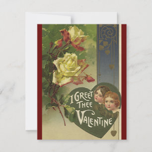 Tarjeta Festiva Día de San Valentín Victoriano Antiguo, Niñas y Ro