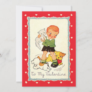 Tarjeta Festiva Día de San Valentín Victoriano Antiguo Niño, Gato