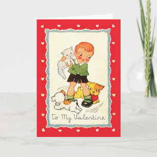 Tarjeta Festiva Día de San Valentín Victoriano Antiguo Niño, Gato