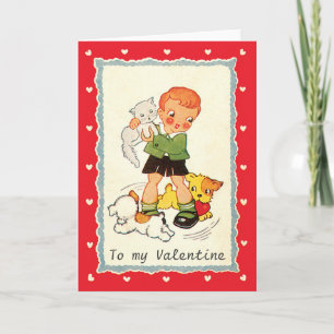 Tarjeta Festiva Día de San Valentín Victoriano Antiguo Niño, Gato