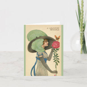Tarjeta Festiva Día de San Valentín vintage, dama mariposa rosa ro