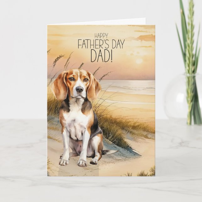 Tarjeta Festiva Día del Padre de Beagle Dog Sunset Beach (Anverso)