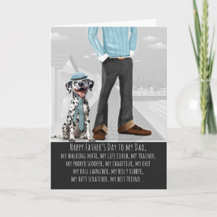 Tarjeta Festiva Día del Padre divertido con perro dálmata y papá
