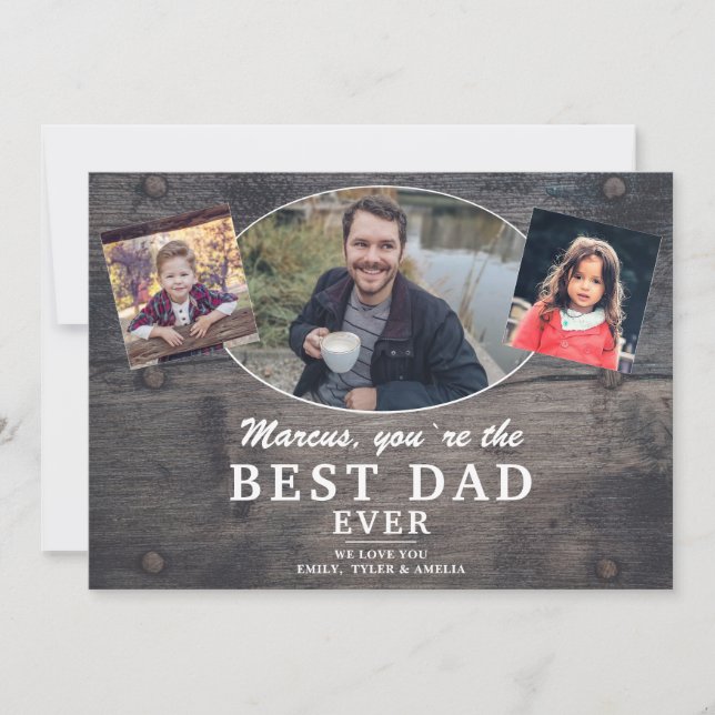 Tarjeta Festiva Día del Padre, el mejor papá de la madera rústica (Anverso)