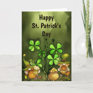 Tarjeta Festiva Día del Patricio de Clovers y Leprechaun Gnomes