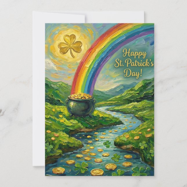 Tarjeta Festiva Día Feliz de San Patricio Olla de Oro Arcoíris (Anverso)