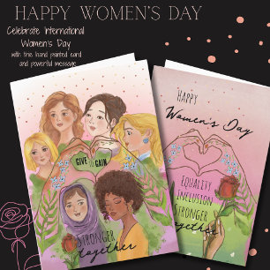 Tarjeta Festiva Día Internacional de la Mujer acuarela rosa Mujere