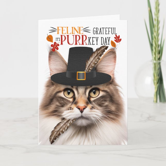 Tarjeta Festiva Día PURRkey del gato forestal noruego oscuro (Anverso)