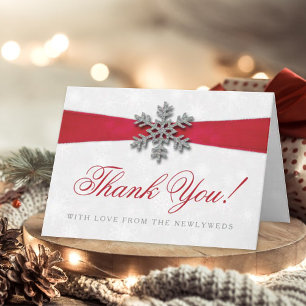 Tarjeta Festiva Diamante Snowflake & Red Ribbon Boda de Invierno