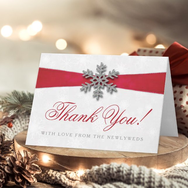 Tarjeta Festiva Diamante Snowflake & Red Ribbon Boda de Invierno (Subido por el creador)