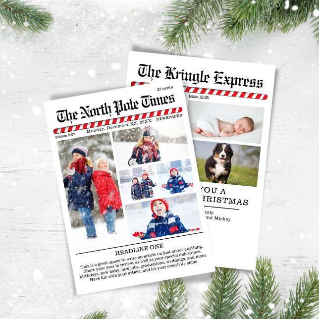 Tarjeta Festiva Diario de Collage de fotos navideño Merry (The North Pole Times Multi photo holiday greeting card.)