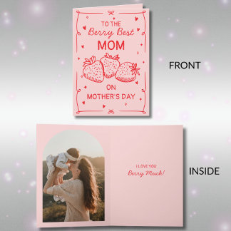 Tarjeta Festiva Dibujado a Mano Fresa Rosa Mejor Mamá Día de la Ma