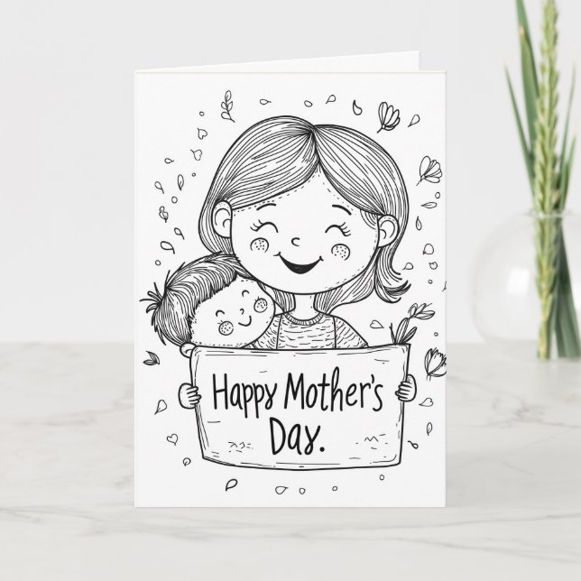 Tarjeta Festiva Dibujado a mano y Feliz Día de la Madre (Anverso)