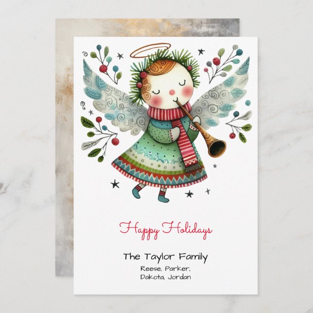 Tarjeta Festiva Dibujo de Ángel Adorable Feliz (Anverso / Reverso)