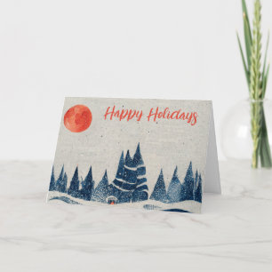 Tarjeta Festiva Dibujo de paisaje invernal bosque azul marino