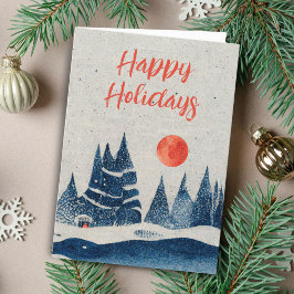 Tarjeta Festiva Dibujo de paisaje invernal bosque luna azul marino