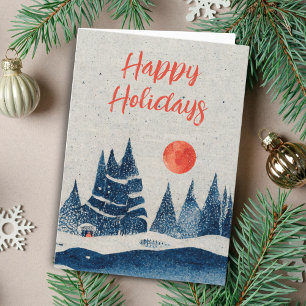 Tarjeta Festiva Dibujo de paisaje invernal bosque luna azul marino