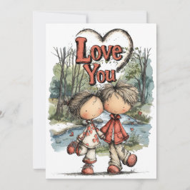 Tarjeta Festiva Dibujo de pareja de amor pastel caprichoso