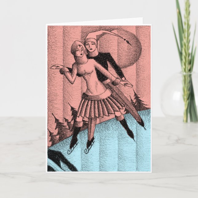 Tarjeta Festiva Dibujo De Patinadores De Hielo De Estilo Art Déco  (Anverso)