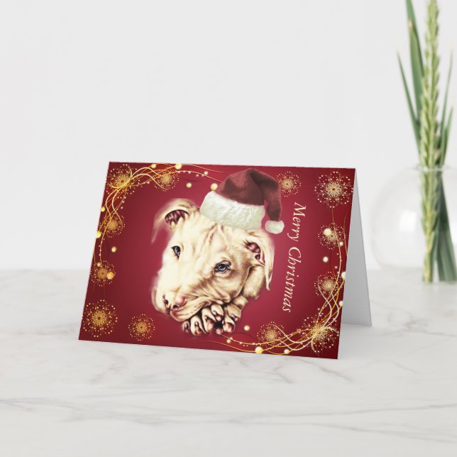 Tarjeta Festiva Dibujo de Perro Blanco con Sombrero de Santa (Anverso)