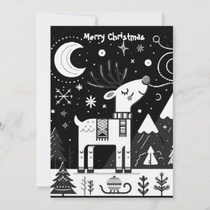 Tarjeta Festiva Dibujo Divertido de Reno en Blanco y Negro
