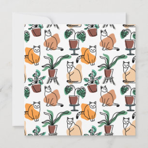 Tarjeta Festiva Dibujo en línea de gatos y flores
