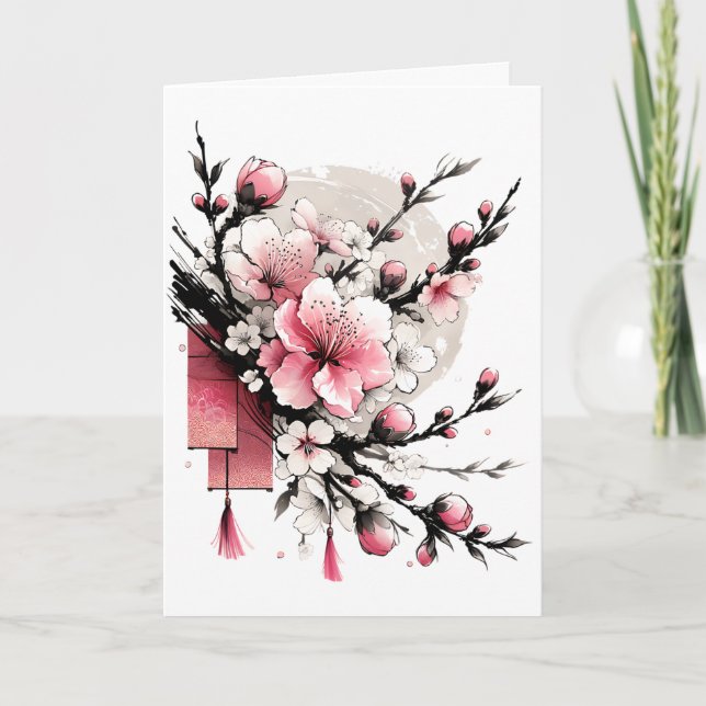 Tarjeta Festiva Dibujo en tinta de Hoa Dao Feliz Año Nuevo (Anverso)