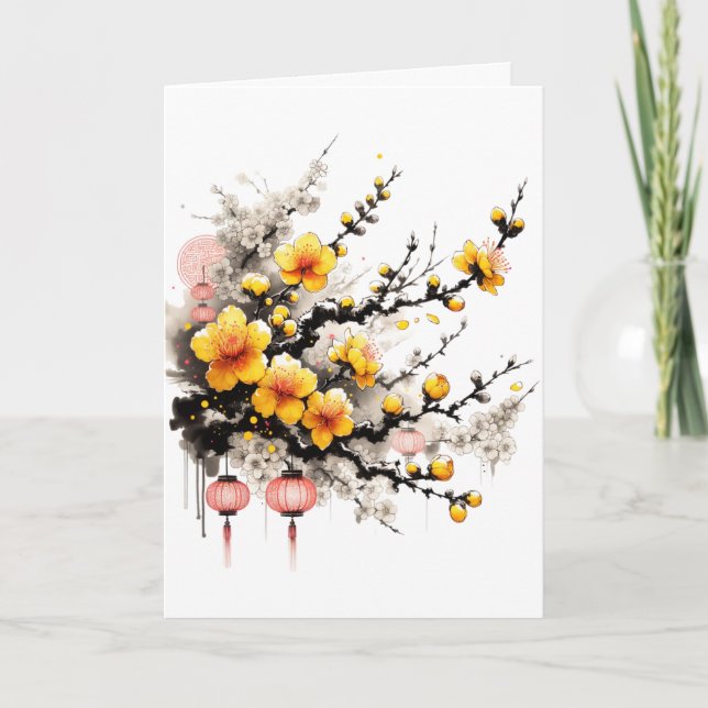 Tarjeta Festiva Dibujo en tinta de Hoa Mai Feliz Año Nuevo (Anverso)