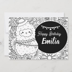 Tarjeta Festiva Dibujo Floral de Cumpleaños para Niños con Llama A