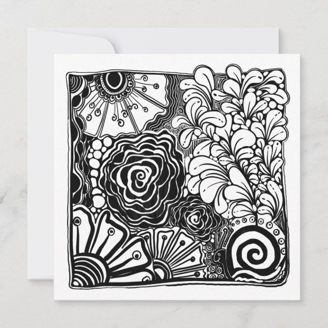 Tarjeta Festiva Dibujo Floral Zen blanco y negro con estampado (Anverso)