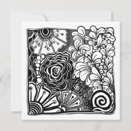 Tarjeta Festiva Dibujo Floral Zen blanco y negro con estampado