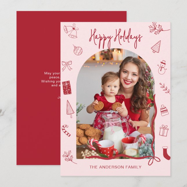 Tarjeta Festiva Dibujo Retro Felices Fiestas Foto Dibujada a Mano (Anverso / Reverso)