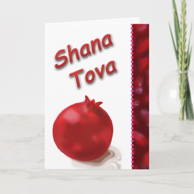 Tarjeta Festiva Dibujo rojo de la granada linda - Shana Tova (Anverso)