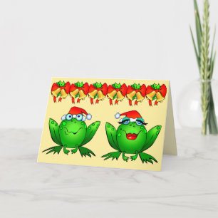 Tarjeta Festiva Dibujos animados de ranas con sombreros de Santa y