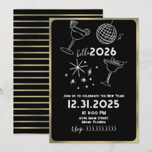 Tarjeta Festiva Dibujos Caprichosos Hola Año Nuevo 2026 Dorado