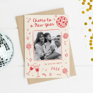 Tarjeta Festiva Dibujos divertidos a mano Año Nuevo Foto Rojo