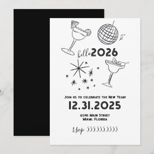 Tarjeta Festiva Dibujos Divertidos Hola Año Nuevo 2026 Dorado