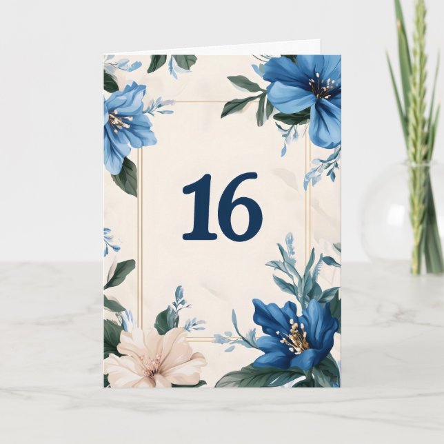 Tarjeta Festiva Dieciséis flores azules elegantes (Anverso)
