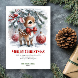 Tarjeta Festiva Digital Baby Deer Snowy Forest Watercolor Greeting