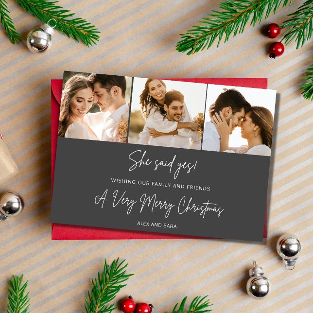 Tarjeta Festiva Dijo Que Sí Compromiso 3 Navidades De Fotografía (She Said Yes Engagement 3 Photo Christmas Holiday Card)
