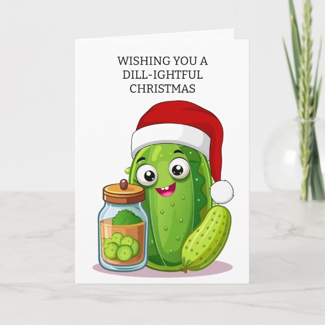 Tarjeta Festiva Dill‑ightful Christmas Pickle with Santa Hat (Anverso)