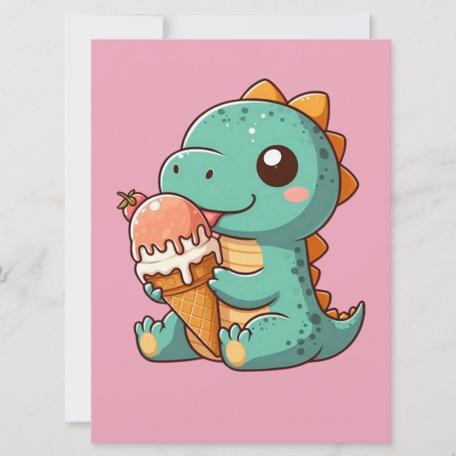 Tarjeta Festiva Dino de comer helado lindo (Anverso)