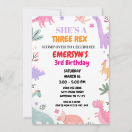 Tarjeta Festiva Dinosaur Birthday Invitation Girls Cute Three-Rex 