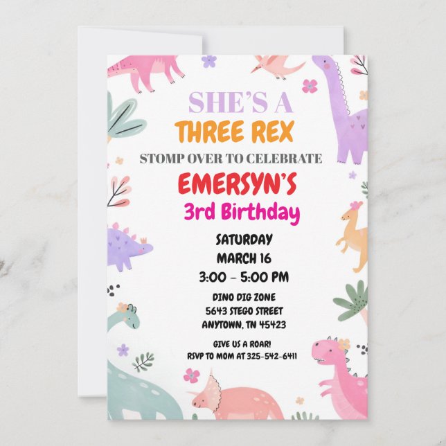 Tarjeta Festiva Dinosaur Birthday Invitation Girls Cute Three-Rex  (Anverso)