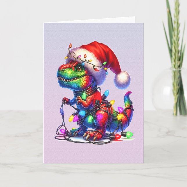 Tarjeta Festiva Dinosaur tangled up in fairy christms lights (Anverso)
