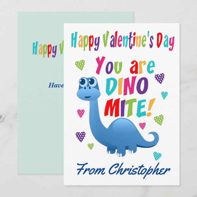 Tarjeta Festiva Dinosaurio de aula Día de San Valentín niños peque (Anverso / Reverso)