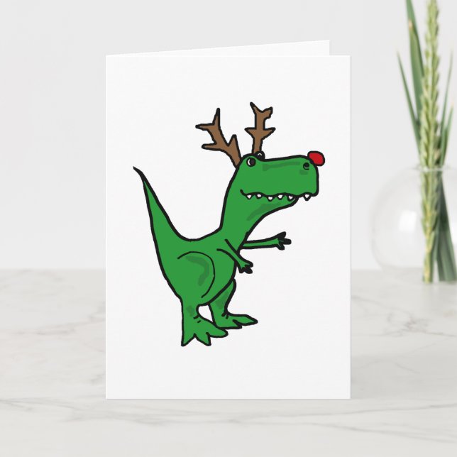 Tarjeta Festiva Dinosaurio de Navidades divertidos como reno (Anverso)